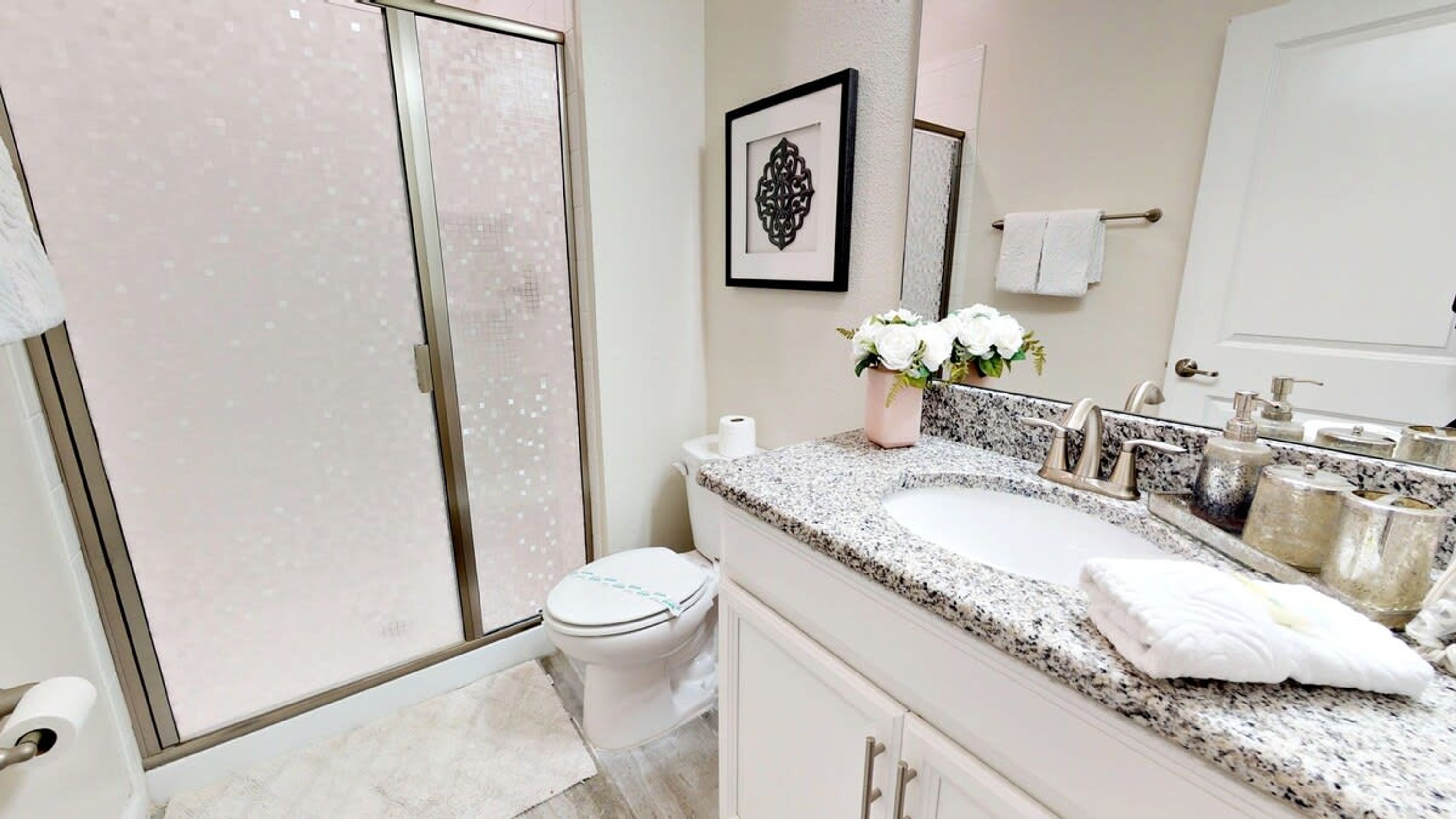 A bathroom with a shower, toilet, sink, and a mirror.