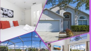 A bedroom with a bed, a bathroom with a shower, a living room with a sofa, a dining area with a table, and a pool with a view of a lake. - 133 Beautiful 5BD Home With Lake View (Kissimmee)