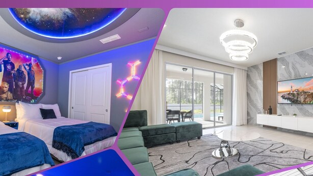 Eine Hotel Suite mit mehreren Zimmern, inklusive Schlafzimmer, Wohnbereich und Pool.