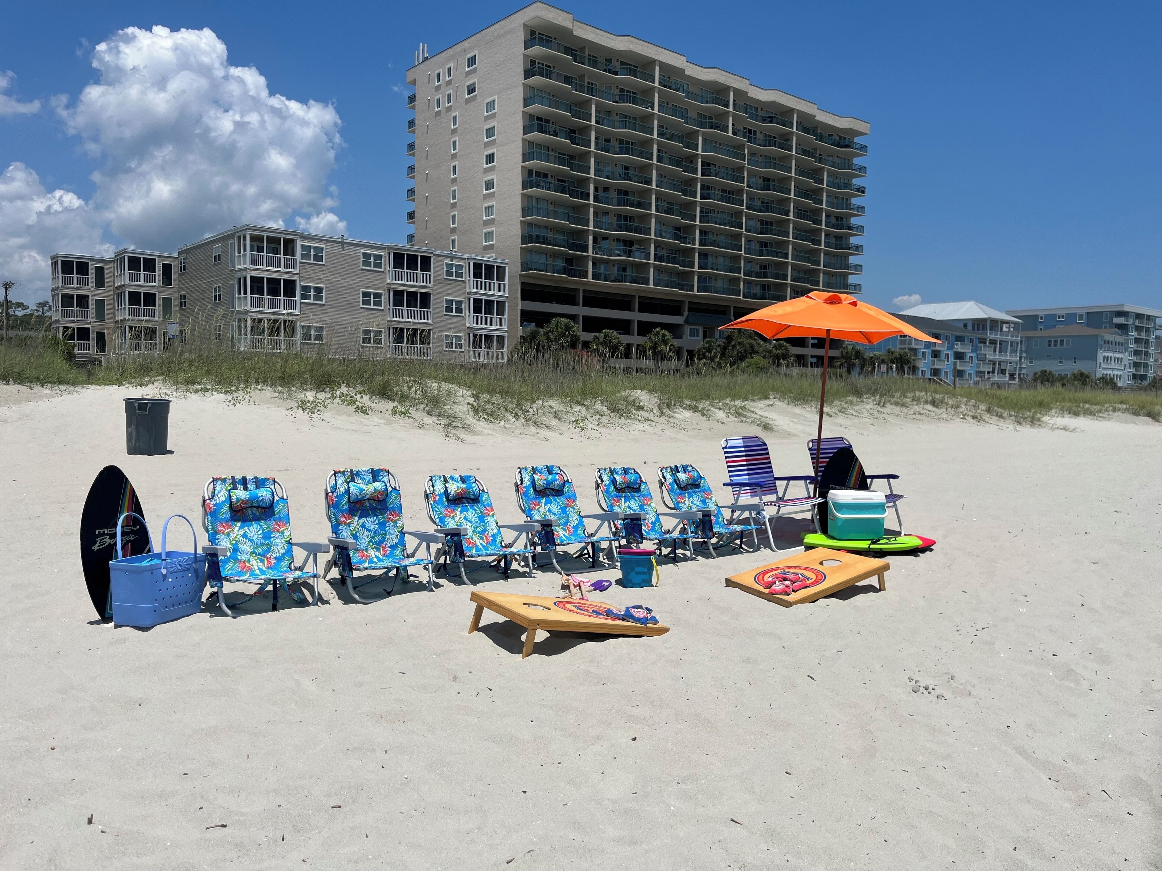 On the beach, sun-loungers, beach towels