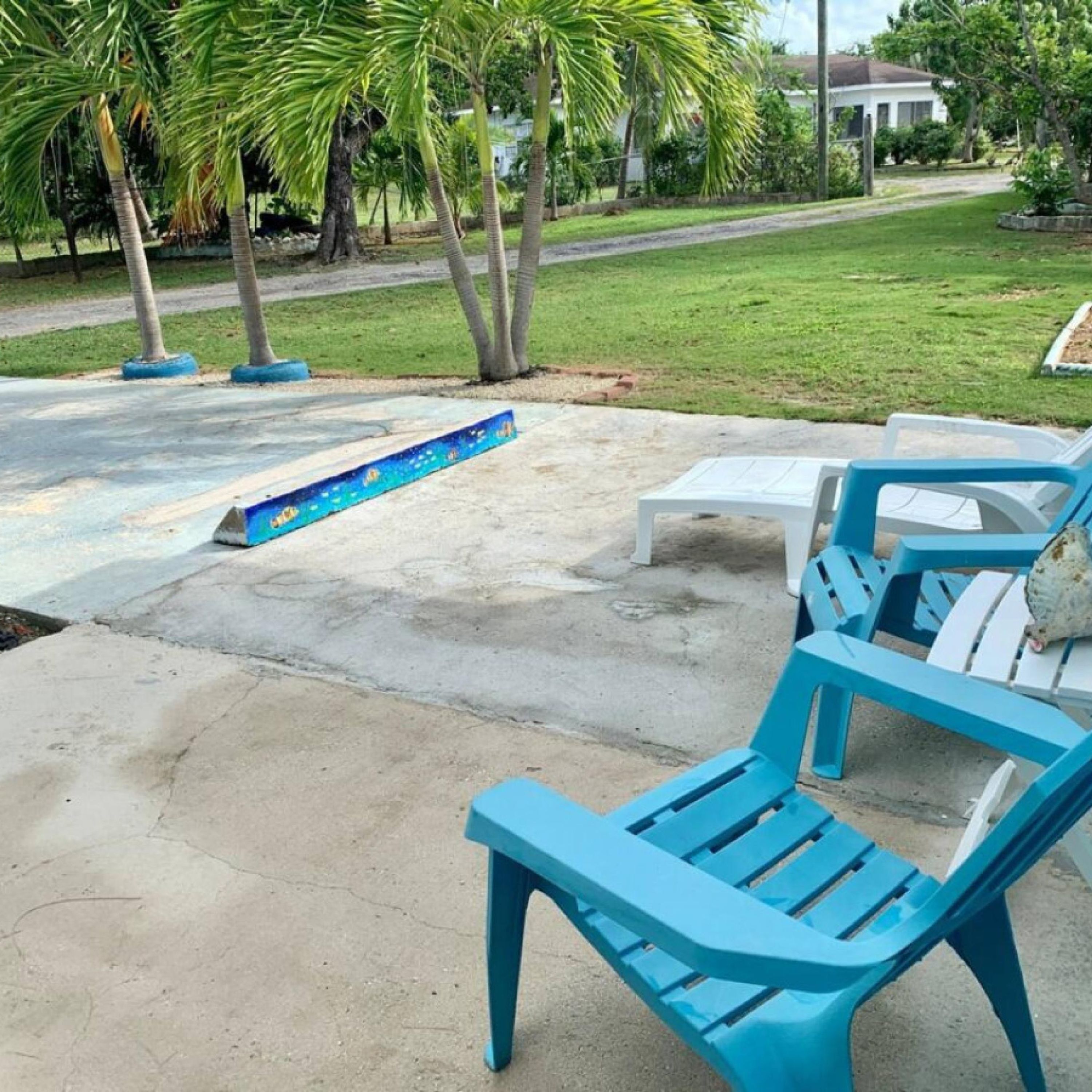A concrete patio with blue lounge chairs and a small table, surrounded by palm trees and a grassy lawn.
