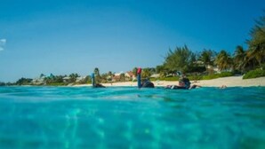 Una platja amb aigua turquesa cristal·lina, palmeres i algunes persones relaxant-se.