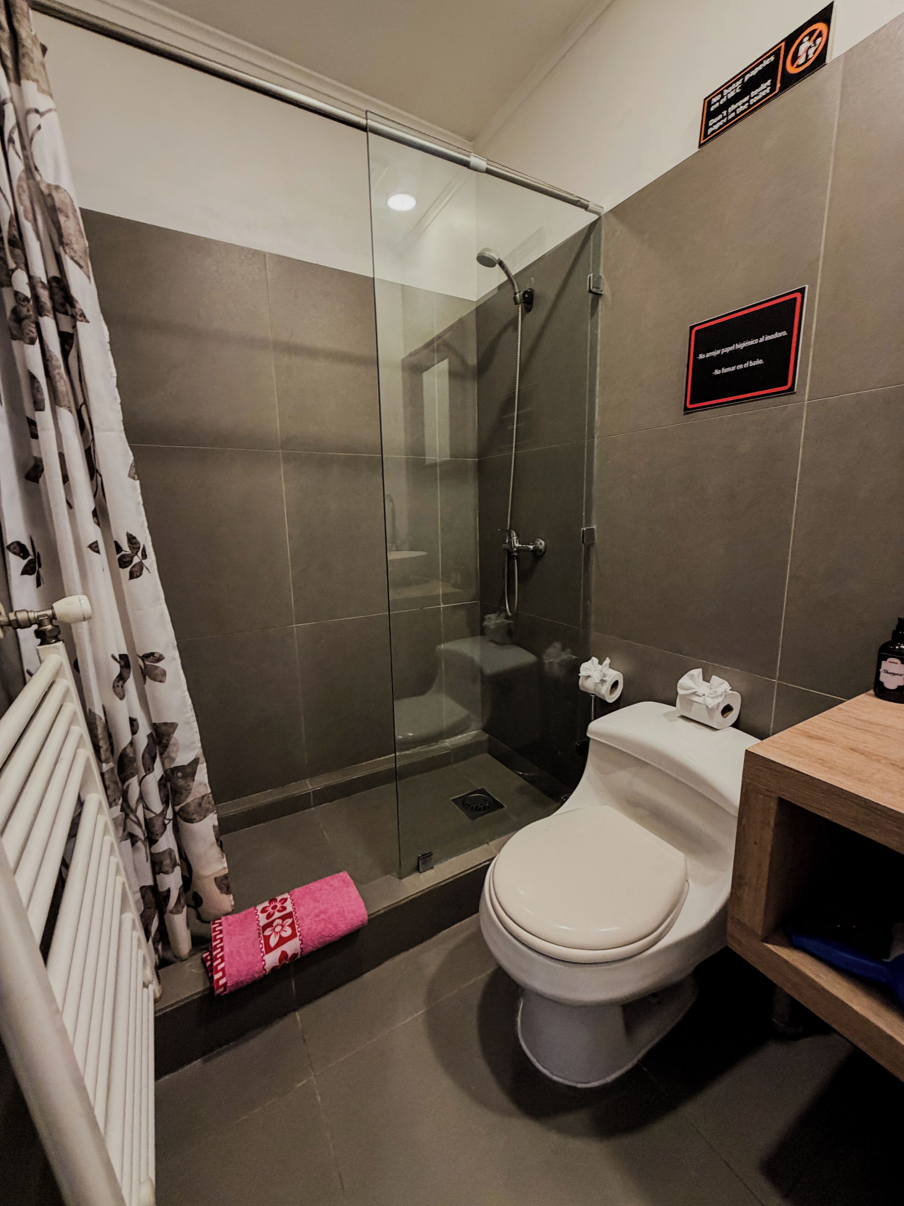 A bathroom with a glass-enclosed shower, a toilet, and a wooden vanity.