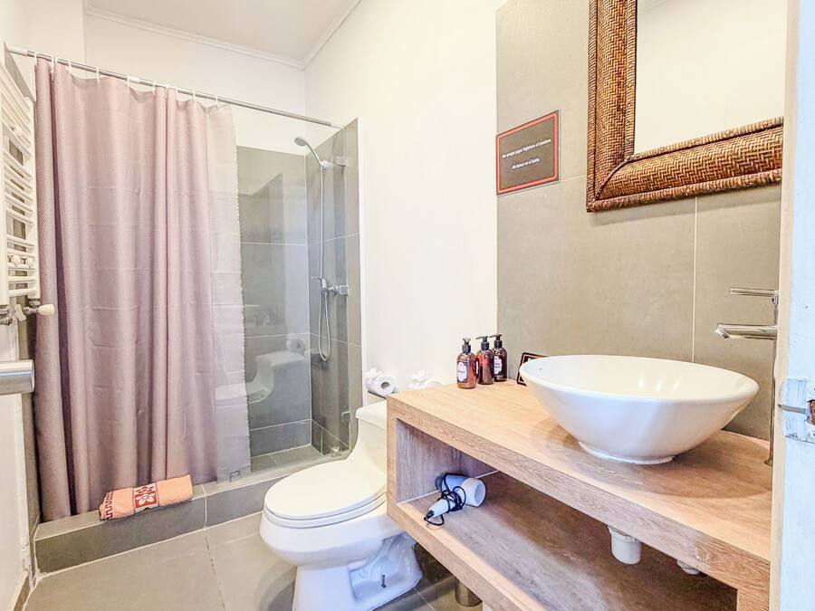 Suite estudio familiar, varias camas, para no fumadores | Baño | Regadera, regadera tipo lluvia, toallas, jabón