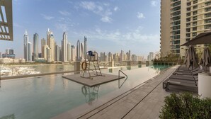 Ein Rooftop-Endlospool mit Blick auf eine Stadtlandschaft, Liegestühle und einem Rettungsring.