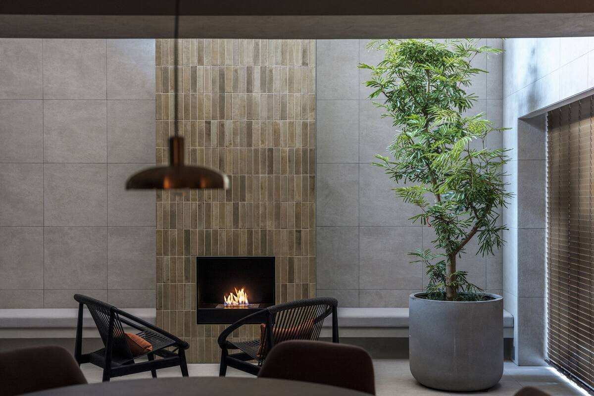 Un intérieur moderne avec une cheminée, deux fauteuils, une table et une grande plante en pot.