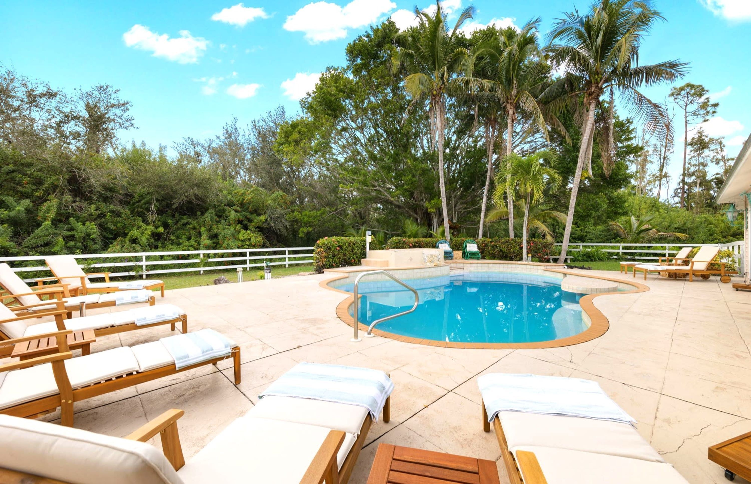 A pool area with lounge chairs and palm trees.