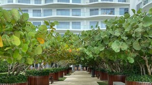 A corridor with a tiled floor, flanked by wooden planters with green foliage, leading to a white building with multiple balconies.
