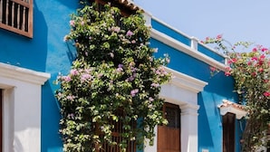 Een gebouw met een blauwe gevel, witte sierlijsten en een houten deur.