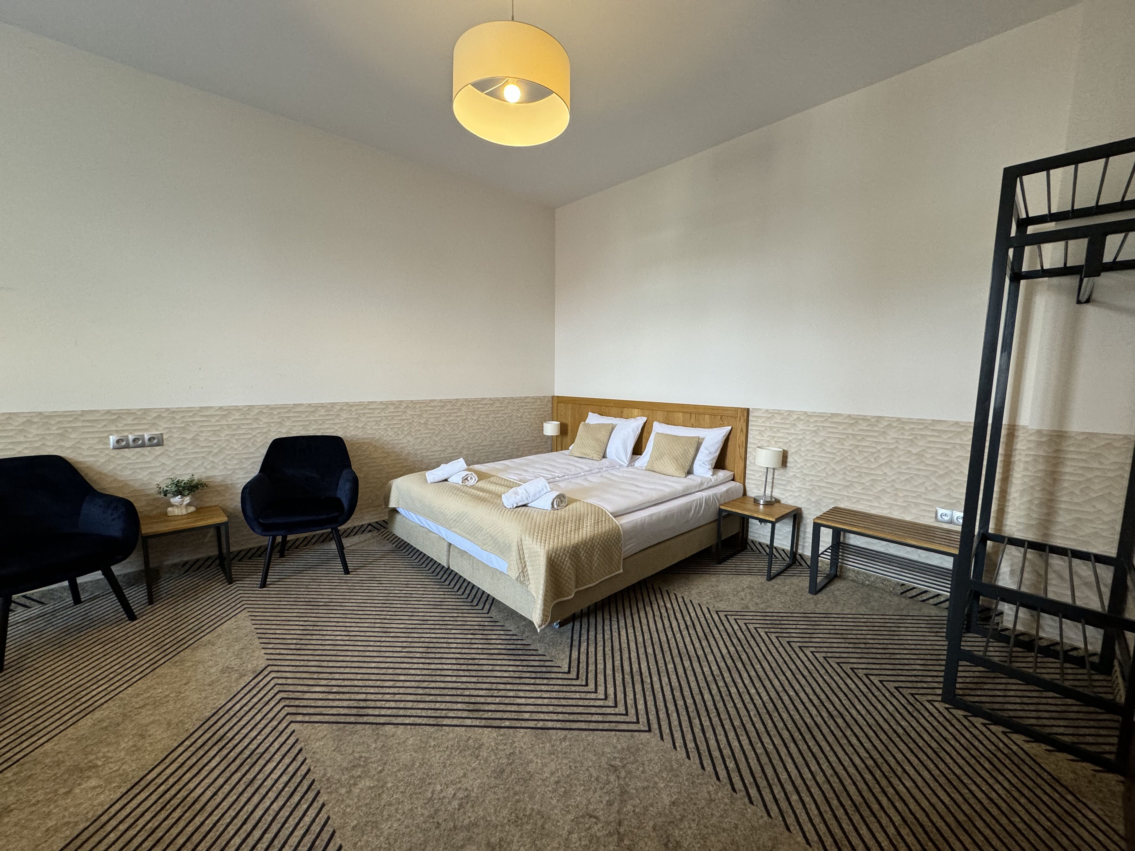 Una camera d'albergo con un letto, due poltrone, una scrivania, una lampada e un lampadario.