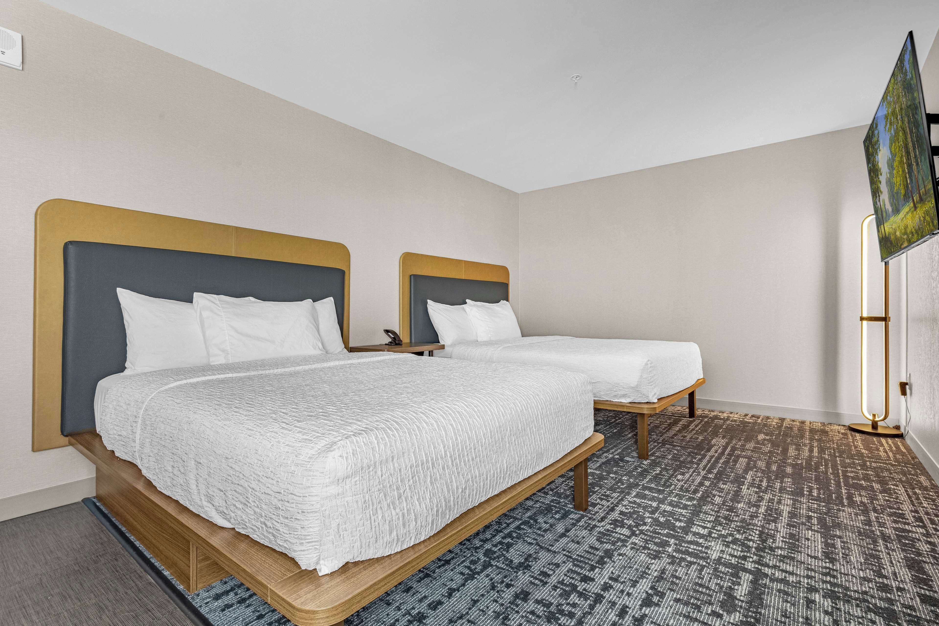 Hotellihuone, jossa on kaksi sänkyä, seinälle asennettu taulutelevisio ja kuviollinen matto.
