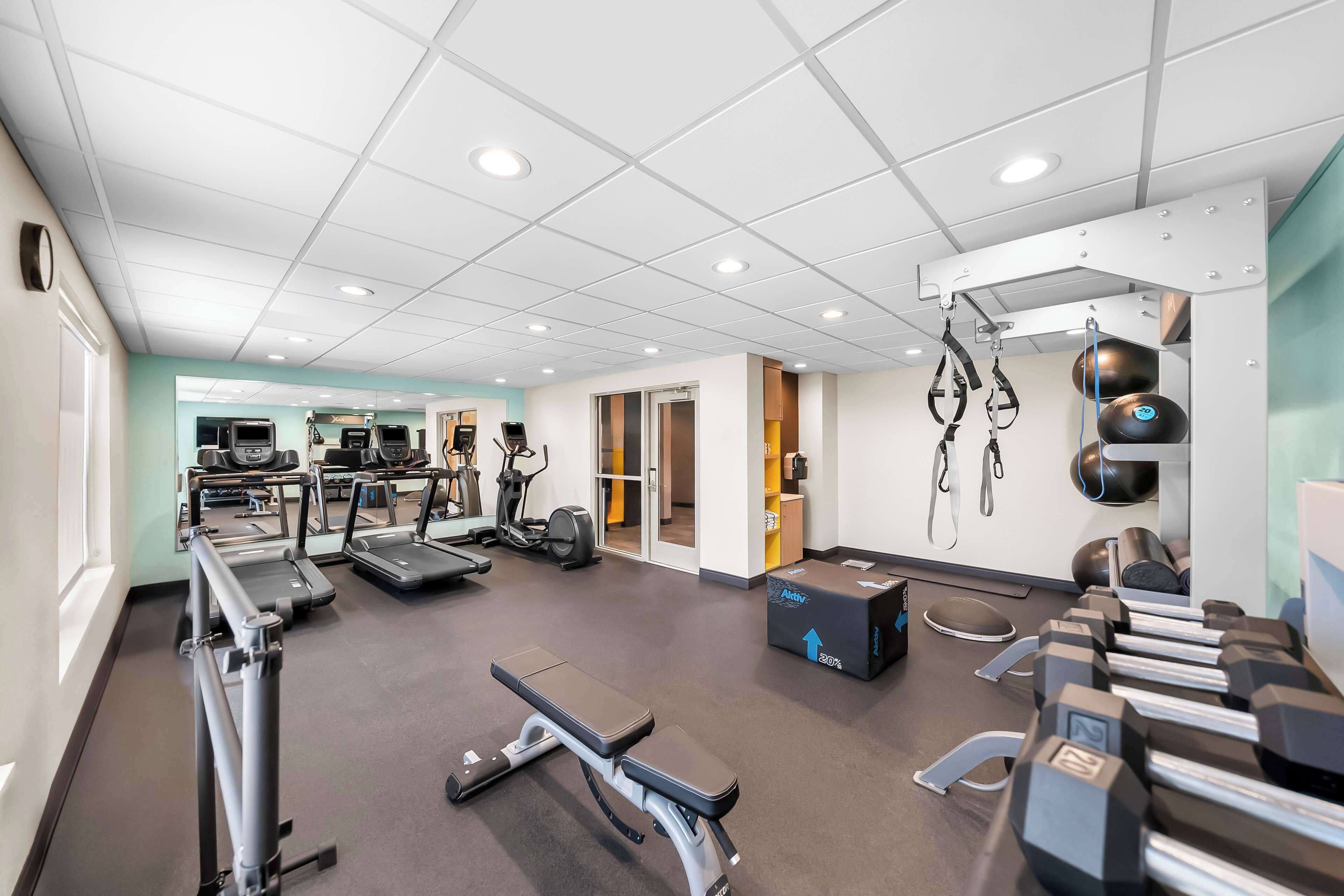 A gym with treadmills, elliptical machines, and free weights.