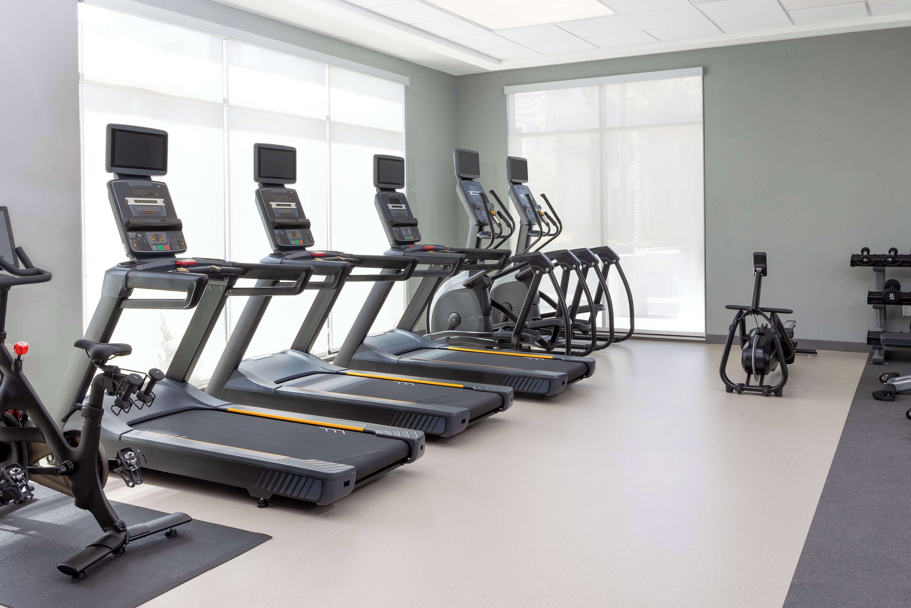 A gym with treadmills, exercise bikes, and a rowing machine.
