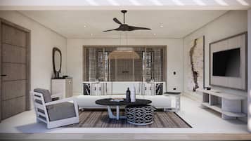 Suite, 1 Bedroom, Oceanfront (Club Azure, Bungalow, King) | Living area | 50-inch Smart TV with digital channels