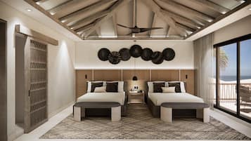 Bungalow, 2 keskisuurta parisänkyä, valtameren rannalla (Club Azure) | Ylelliset vuodevaatteet, ilmaiset minibaarituotteet