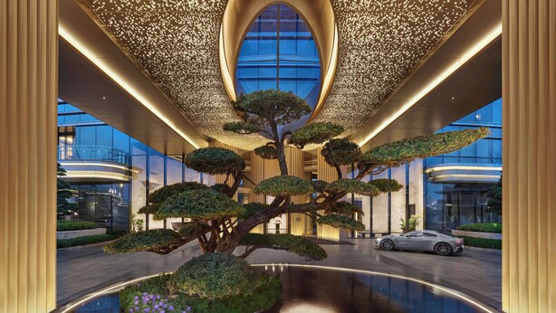 A modern lobby with a large, illuminated ceiling, a central bonsai tree, and a reflective water feature. - Hilton Changshu (Suzhou)
