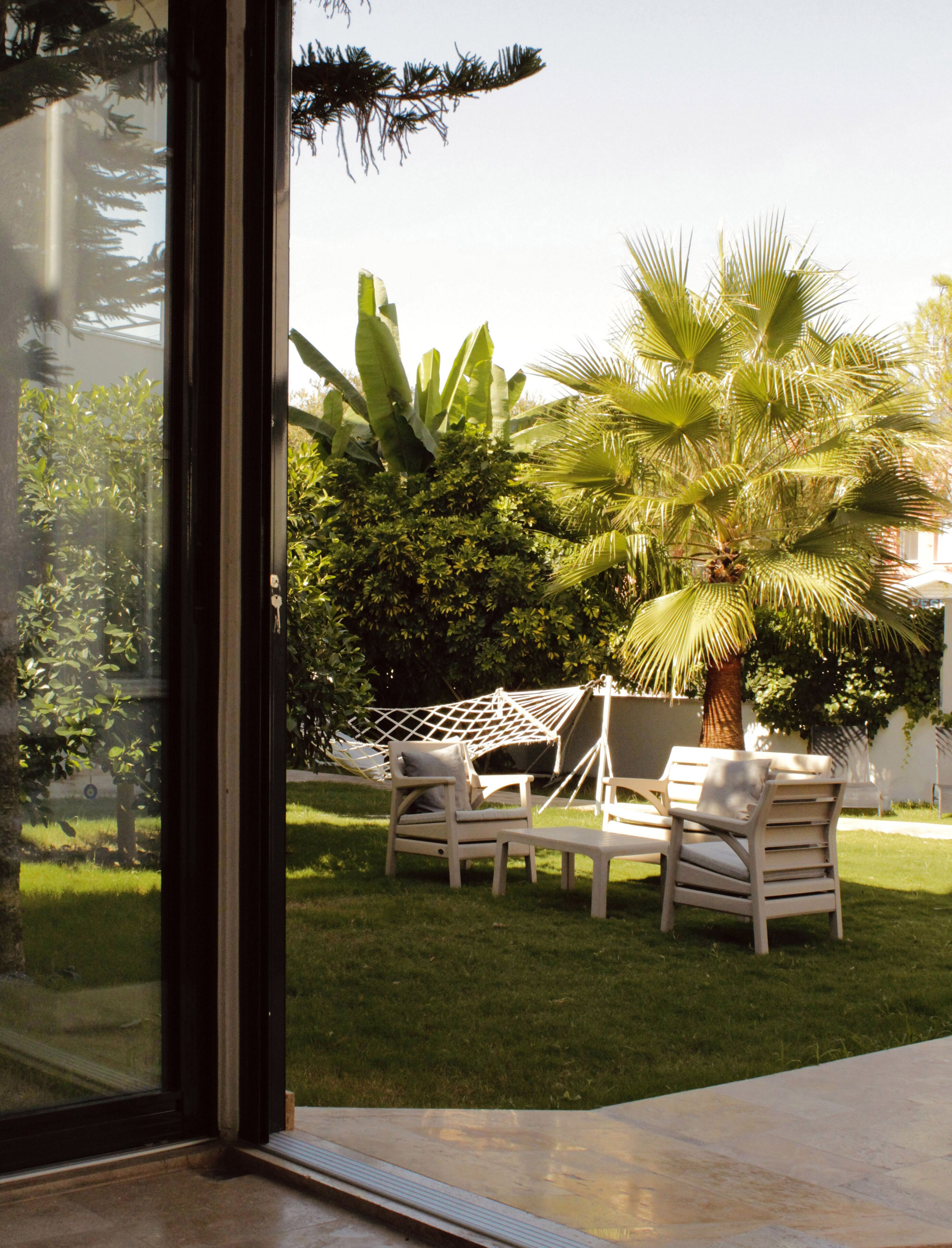 Vista a través de un ventanal a un patio con una hamaca, dos sillas y una palmera.