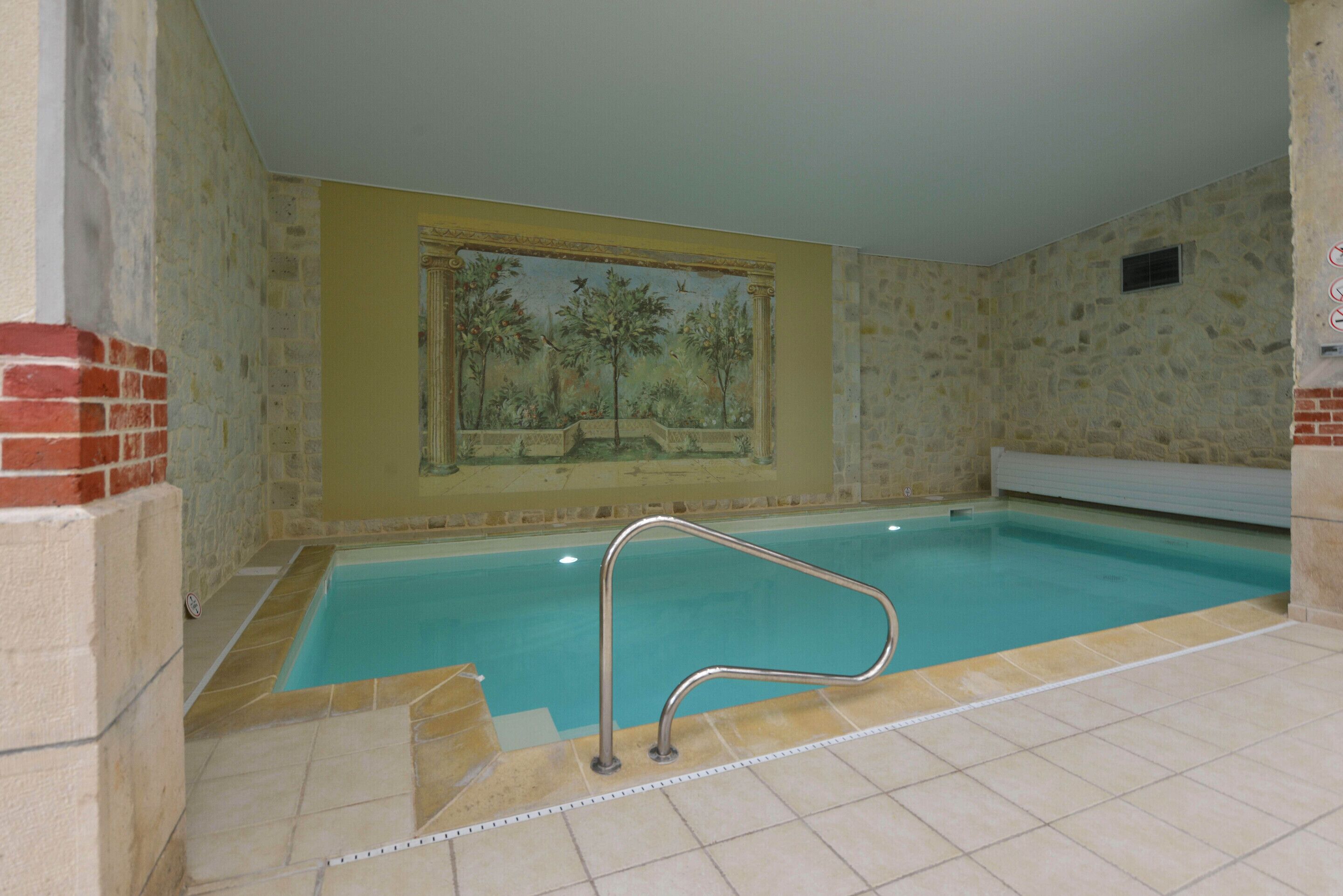 An indoor swimming pool with a metal safety rail, a mural on the wall, and a stone wall.