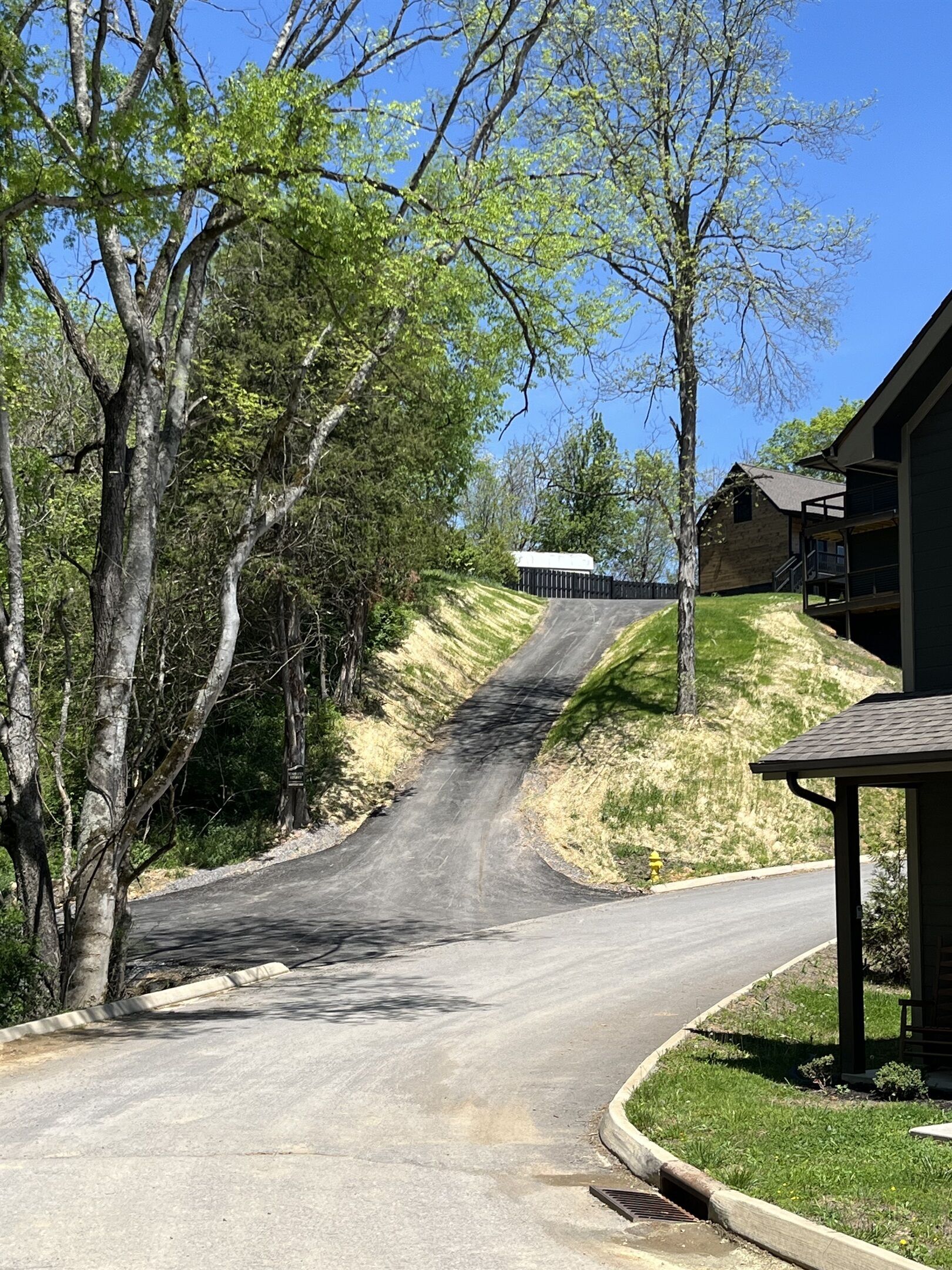 Un camino rural serpentea por un área boscosa con un edificio a la derecha.