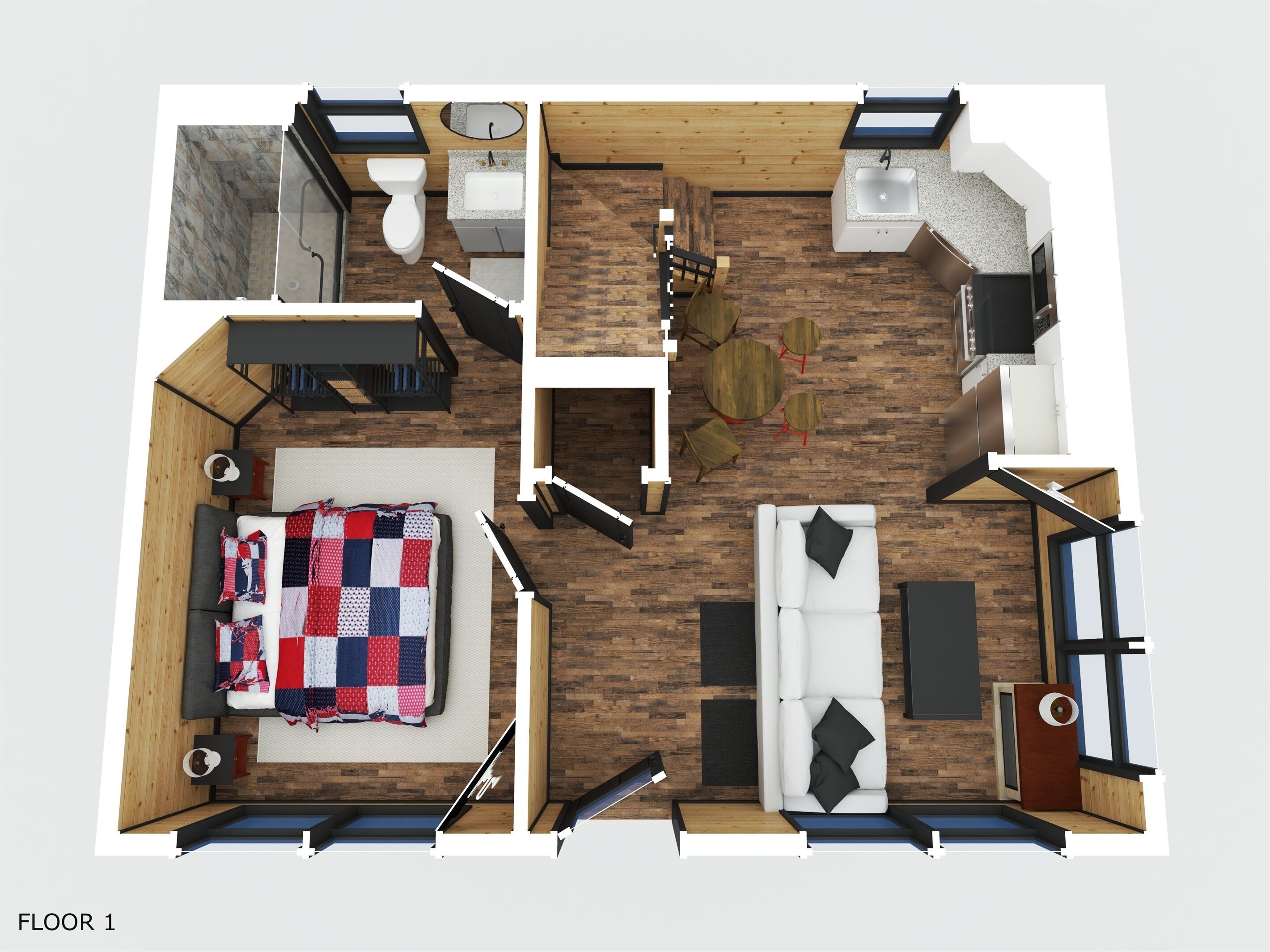 Un appartement de deux chambres comprenant un salon, une cuisine, une salle de bain et un balcon.