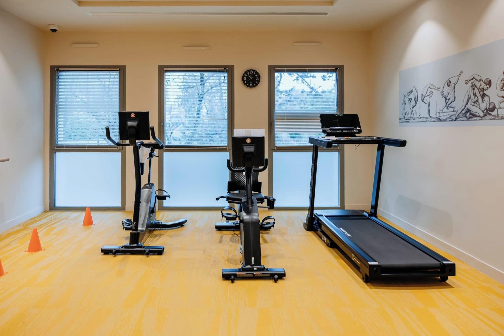 A gym with cardio machines, a treadmill, and exercise equipment.