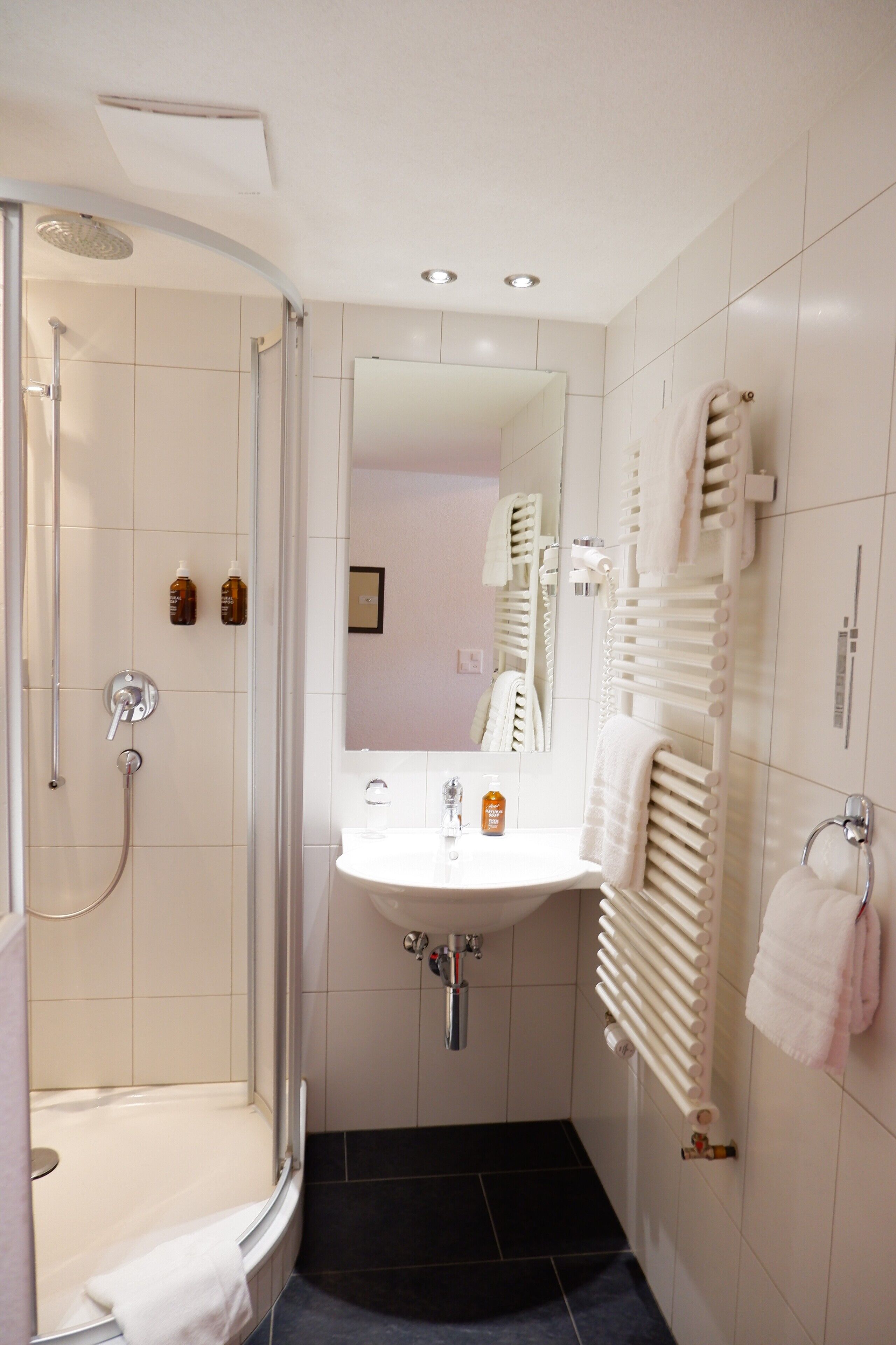 Ein modernes Badezimmer mit einer gläsernen Duschkabine, einem weißen Waschbecken und einem Spiegel darüber.