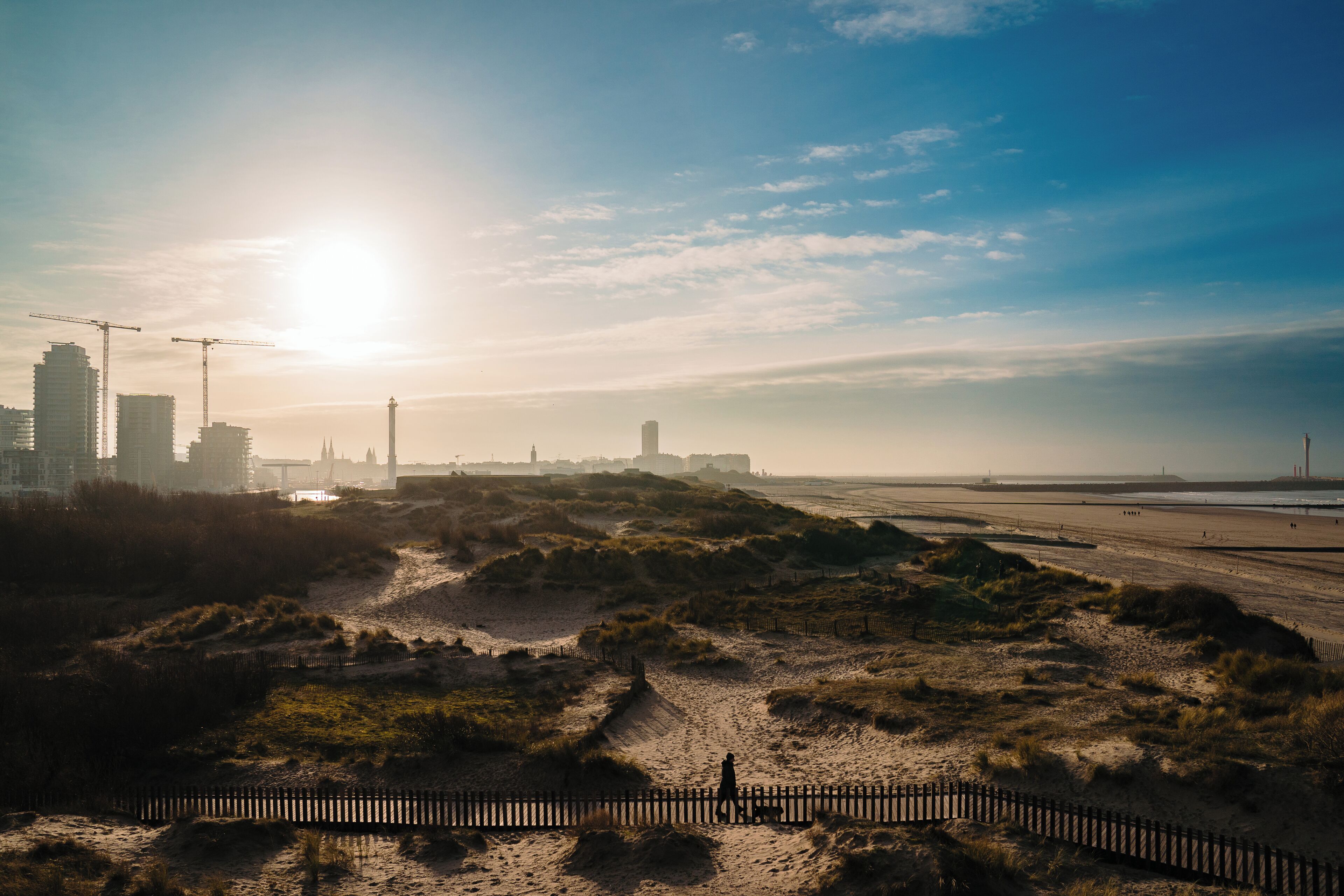 Un paysage côtier avec une plage de sable, des dunes et, au loin, la silhouette d’une ville.