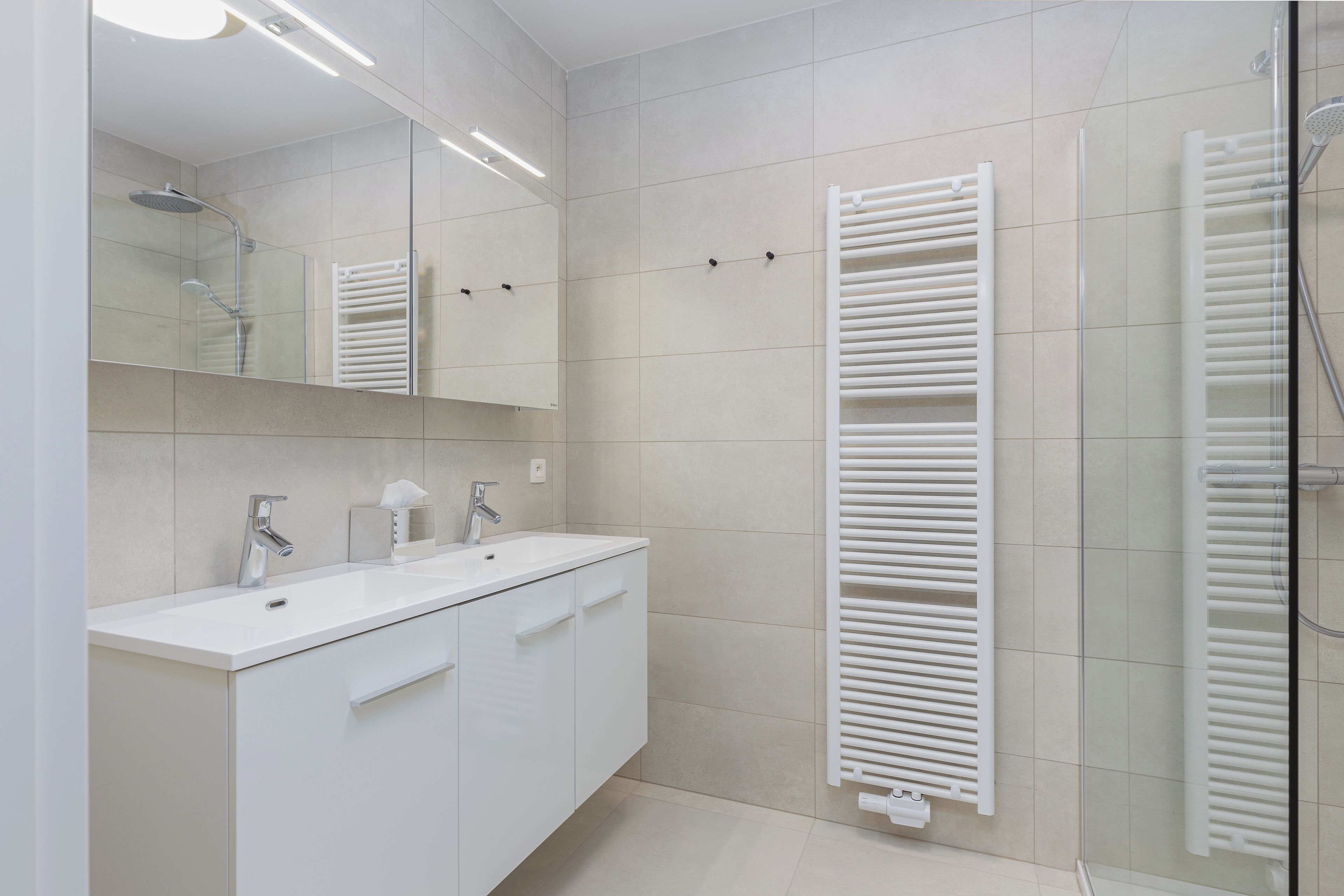 A modern bathroom with a white sink, mirror, and two towel racks.