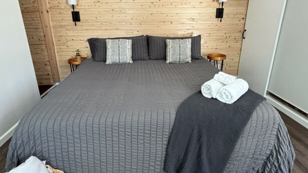 A neatly made bed with a grey quilted bedspread, two bedside lamps, and a small round table with a plant. - Zen Den - jetted tub, massage chair, home theater, EV charger, King bed, parking (Burleson)
