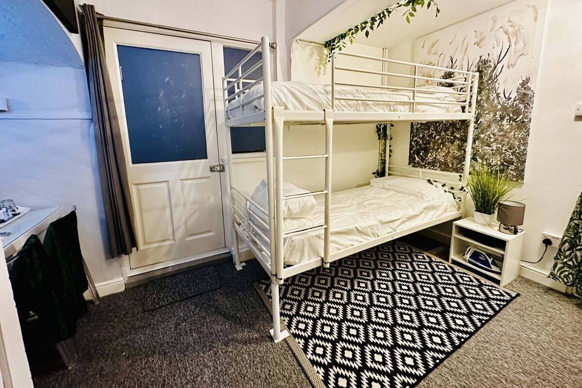 A bunk bed room with a desk, a patterned rug, and a plant on a small table.