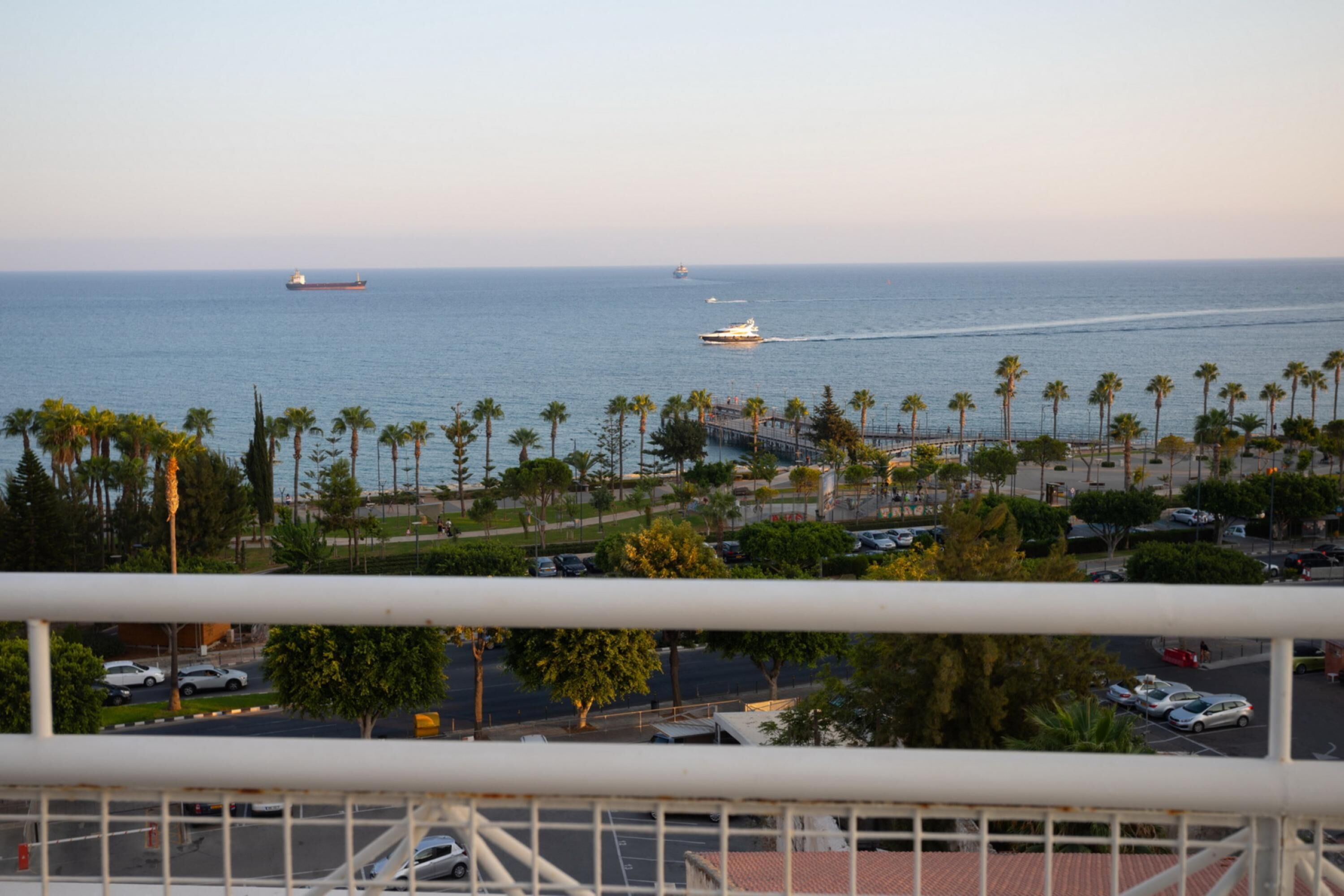 Blick auf die Küste mit einer Marina, Palmen und einer Brücke.