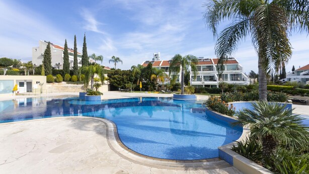 Una gran piscina rodeada de palmeras y edificios modernos.