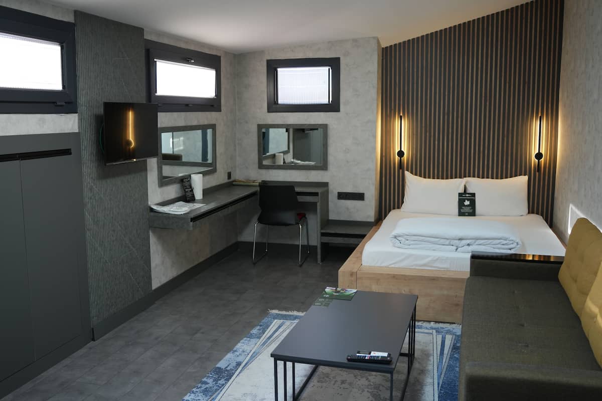Een hotelkamer met een bed, een bureau, een stoel, een televisie en een bank.