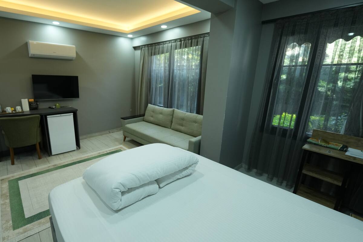 Een hotelkamer met een bed, een bureau met televisie, een bank en een raam met gordijnen.