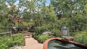 A spa area with a pool, surrounded by greenery and a patio with outdoor seating. - Terracehouse 52 (Snowmass Village)