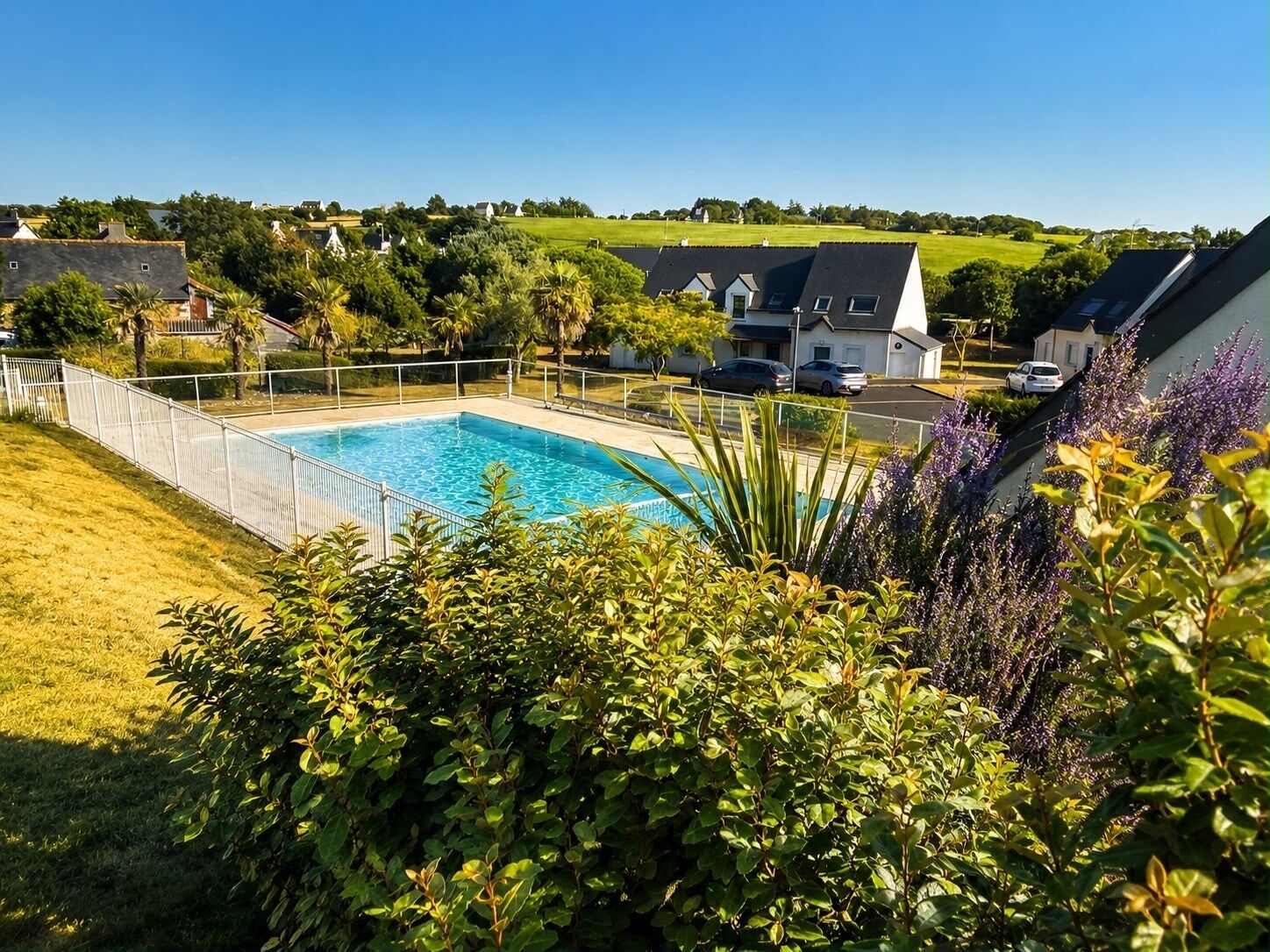 A swimming pool surrounded by a fenced area, with houses and greenery in the background.