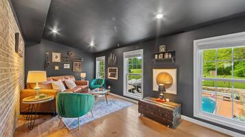 Smart TV, fireplace, video games, foosball