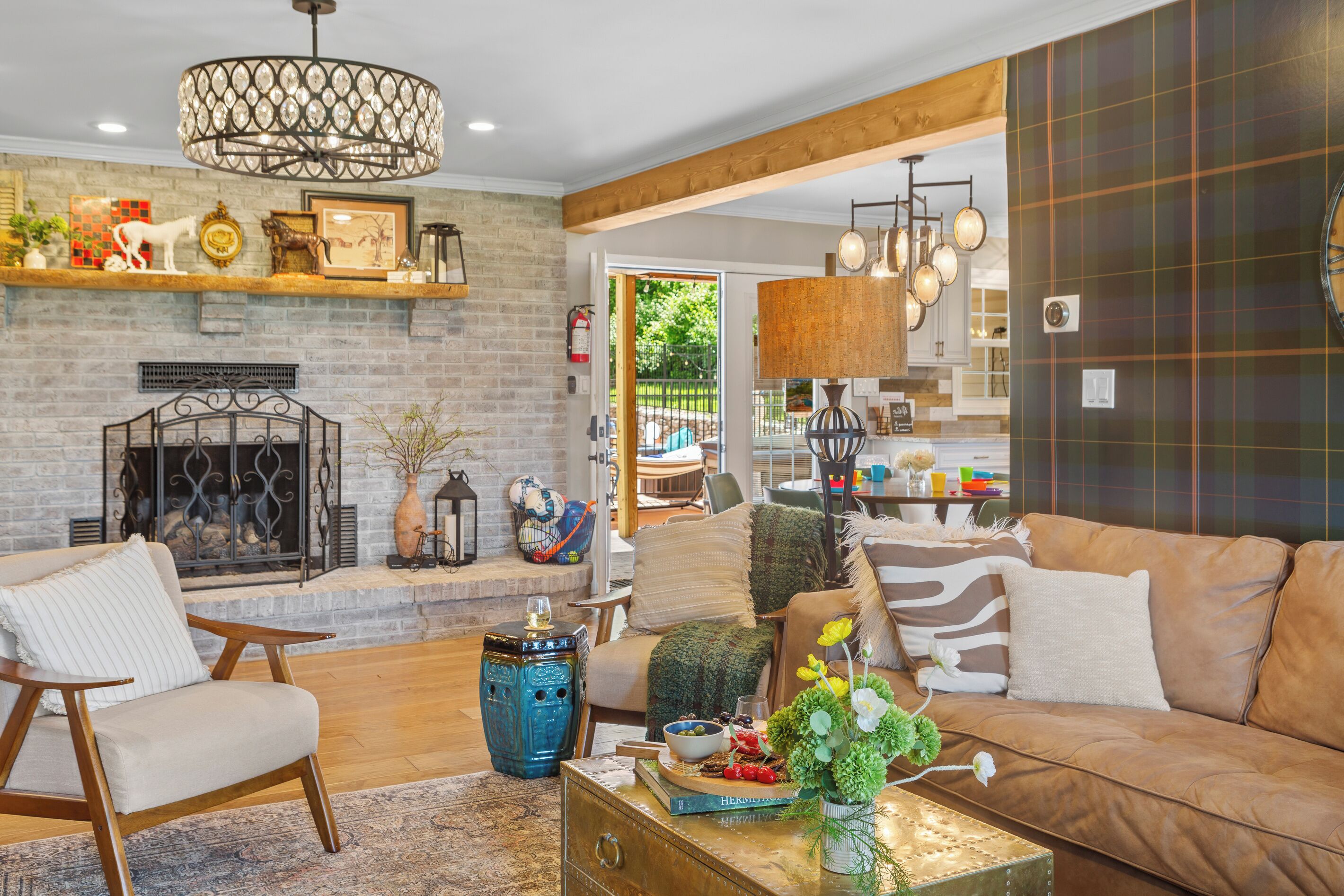 Smart TV, fireplace, table football, books