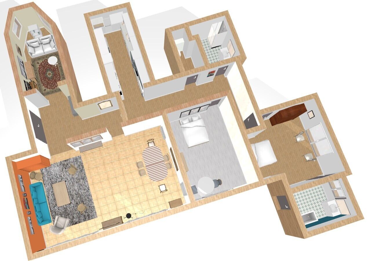 A 3D floor plan of a hotel with multiple rooms, a central living area, and a kitchen.
