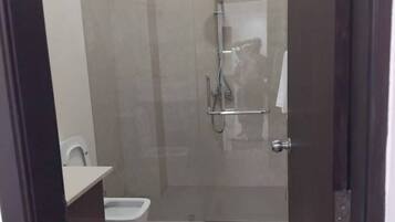 Hair dryer, towels, soap, shampoo