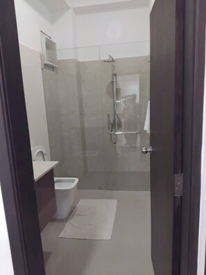 Hair dryer, towels, soap, shampoo