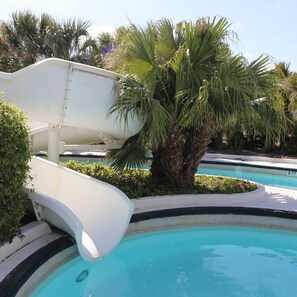 A pool with a slide, surrounded by palm trees and bushes.