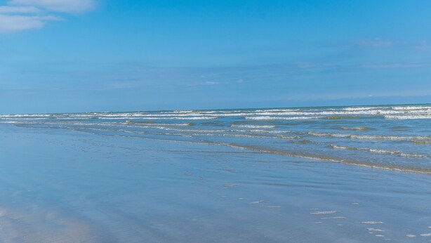 Une plage avec un ciel dégagé et des vagues calmes.
