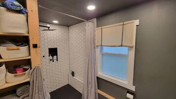 Shower, towels, soap, shampoo
