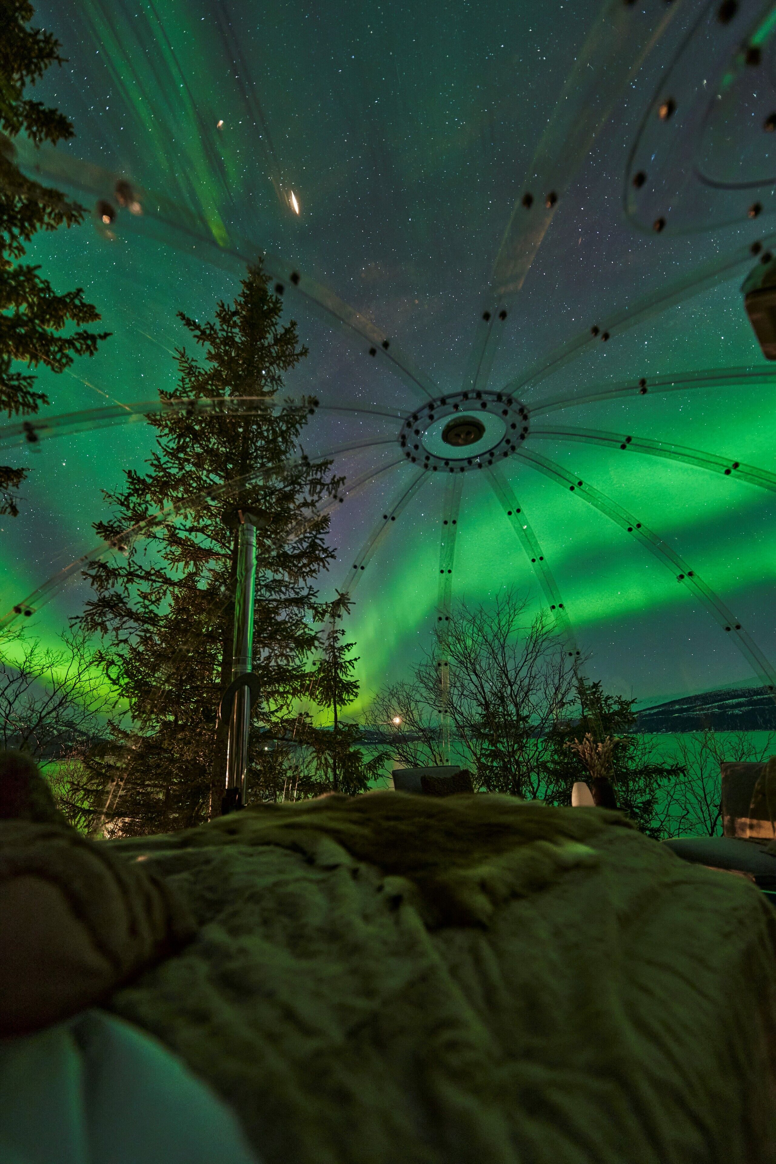 Ein Zimmer mit einem Bett, einem Teleskop und Blick auf den Nachthimmel mit Polarlichtern.