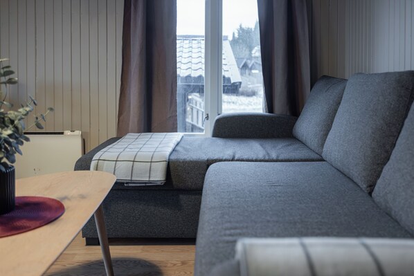 A modern living room with a grey sofa, a wooden coffee table, and a window with curtains.