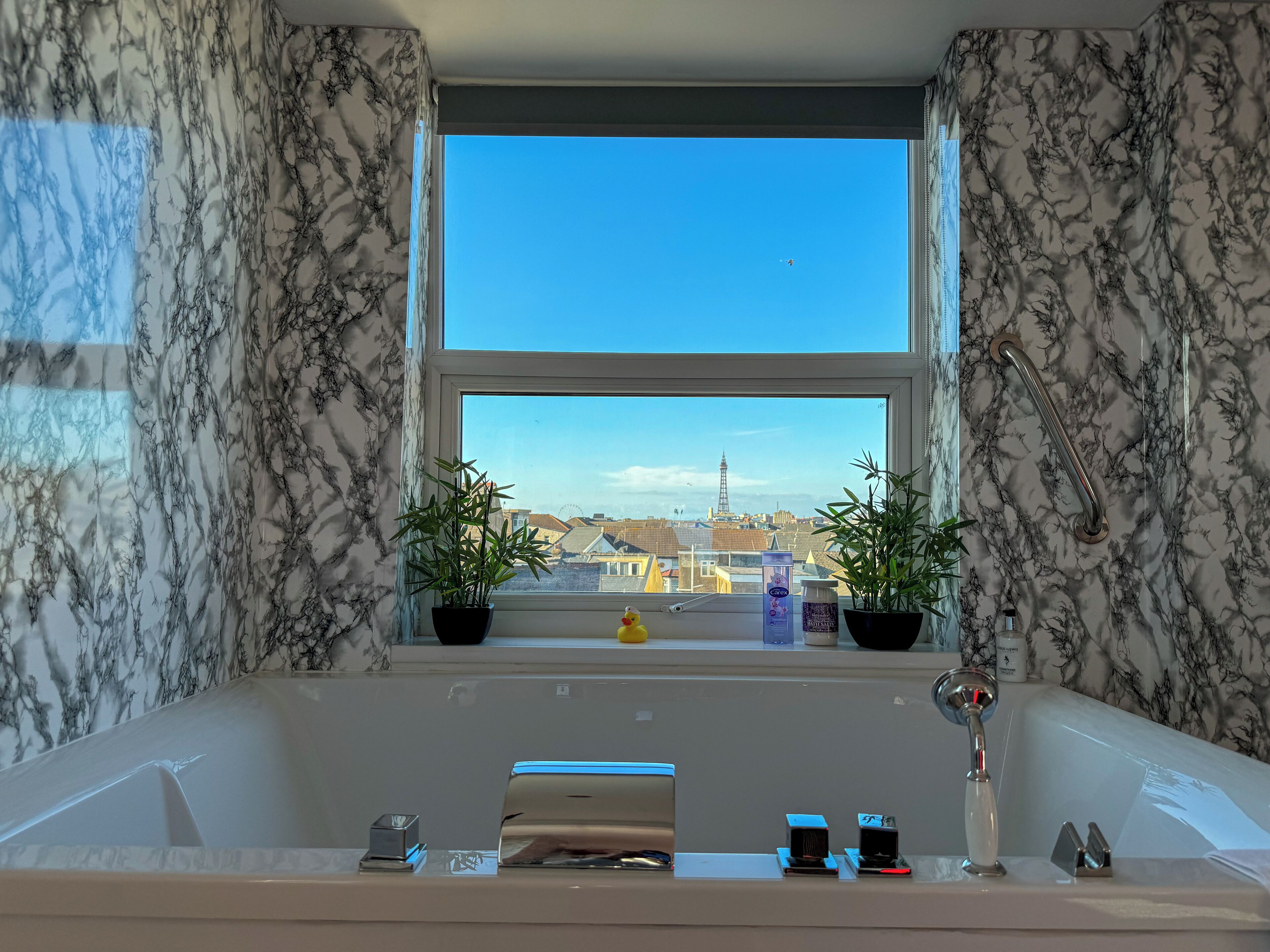A bathroom with a large window, two potted plants, a bathtub, and a handrail.