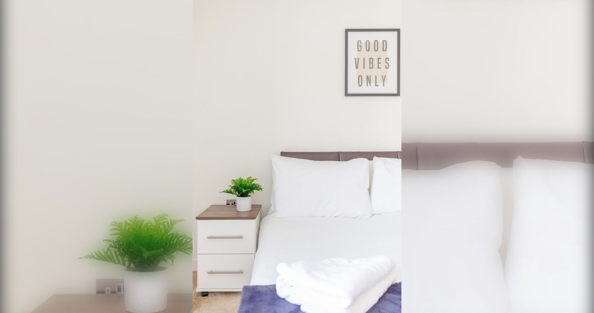Quarto com cama, mesa de cabeceira com planta, placa na parede e planta em vaso no chão.