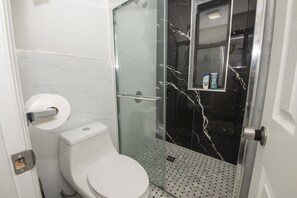 Chuveiro, secador de cabelo, toalhas de banho, sabonete