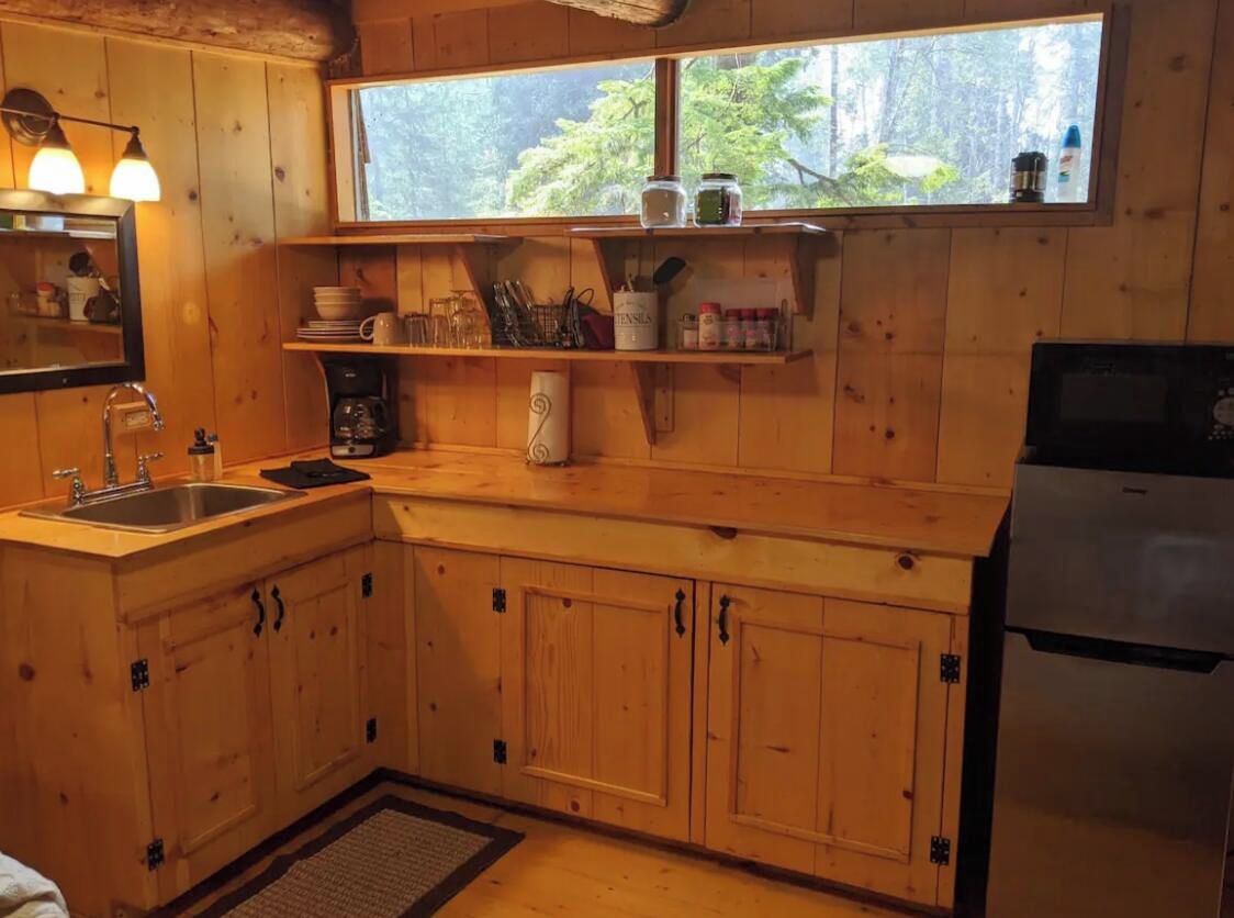 A compact kitchen with a refrigerator, microwave, hotplate, and waffle iron.